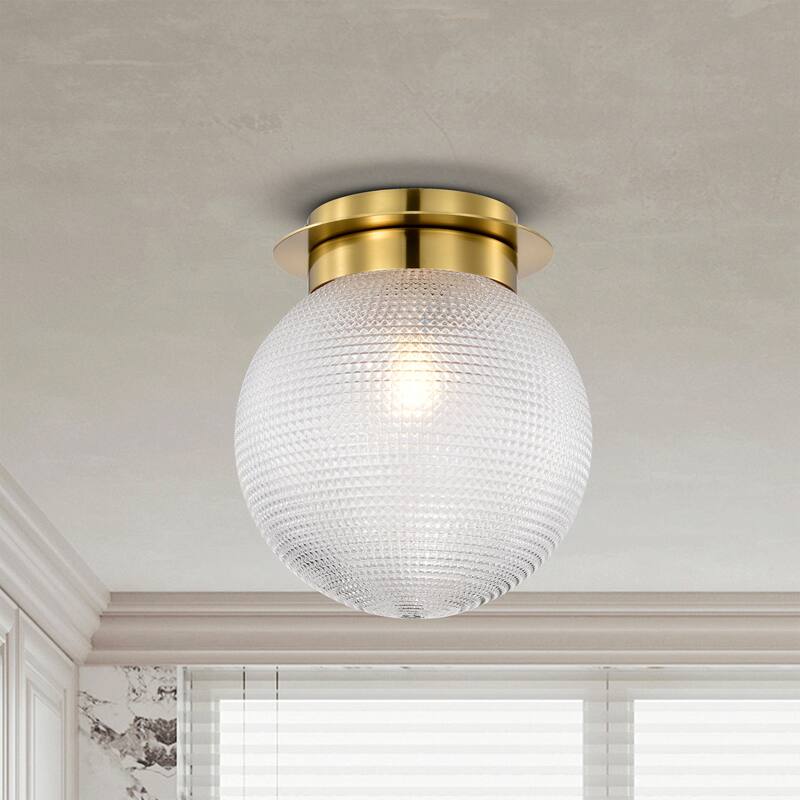 Gruste Brass Flushmount Ceiling Lamp with Pyramidical Patterned Glass Globe Shade