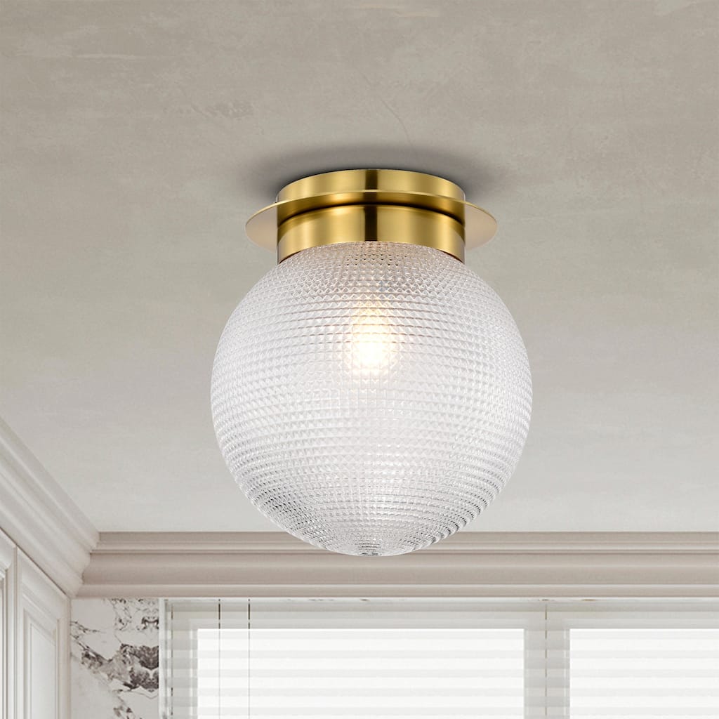 Gruste Brass Flushmount Ceiling Lamp with Pyramidical Patterned Glass Globe Shade