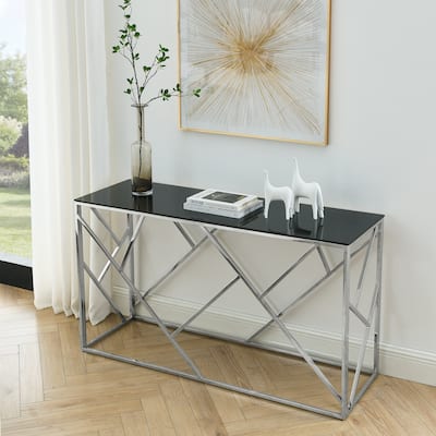 55" Gold Sofa Table With Sturdy Metal Frame And Black Tempered Glass Top