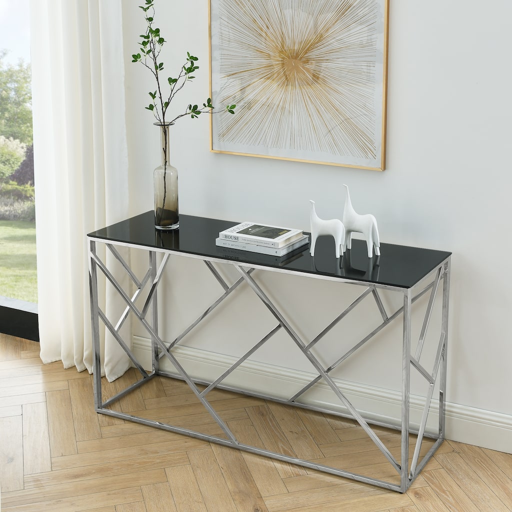 55" Gold Sofa Table With Sturdy Metal Frame And Black Tempered Glass Top