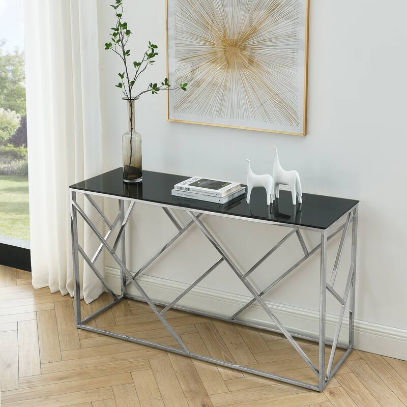 Modern Glass Console Table, 55" Gold Sofa Table with Sturdy Metal Frame and Tempered Glass Top