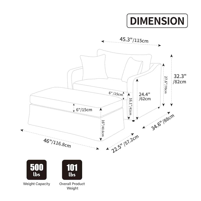 45.27" Accent Chair Armchair for Living Room, Oversized Chenille Single Sofa Chair Reading Chair Lounge Chair & Ottoman Set