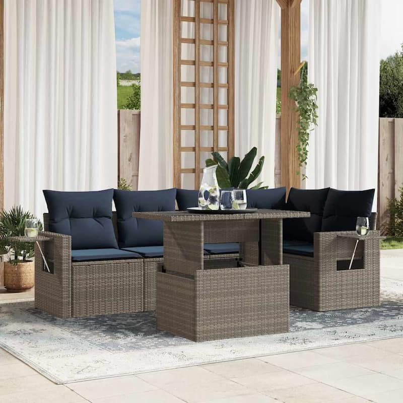 vidaXL 6 Piece Patio Sofa Set with Cushions Black/Brown/Gray Poly Rattan - Gray without storage