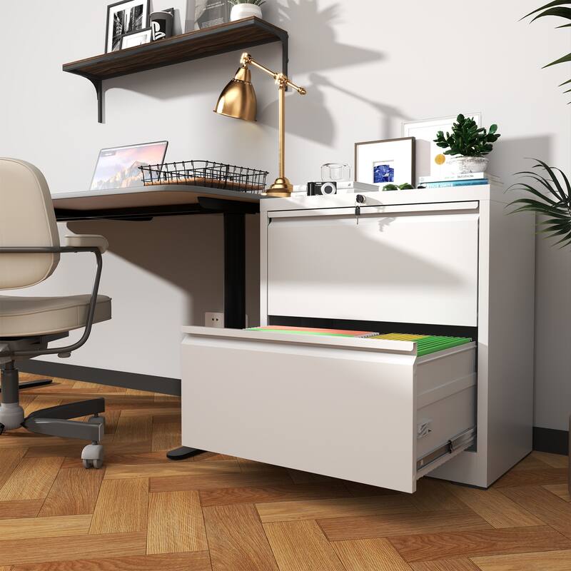 Modern Side-Pull File Cabinet, Wide Horizontal Filing Cabinet with Lock, 2 Drawers, Silent Slides, for Home Office, White