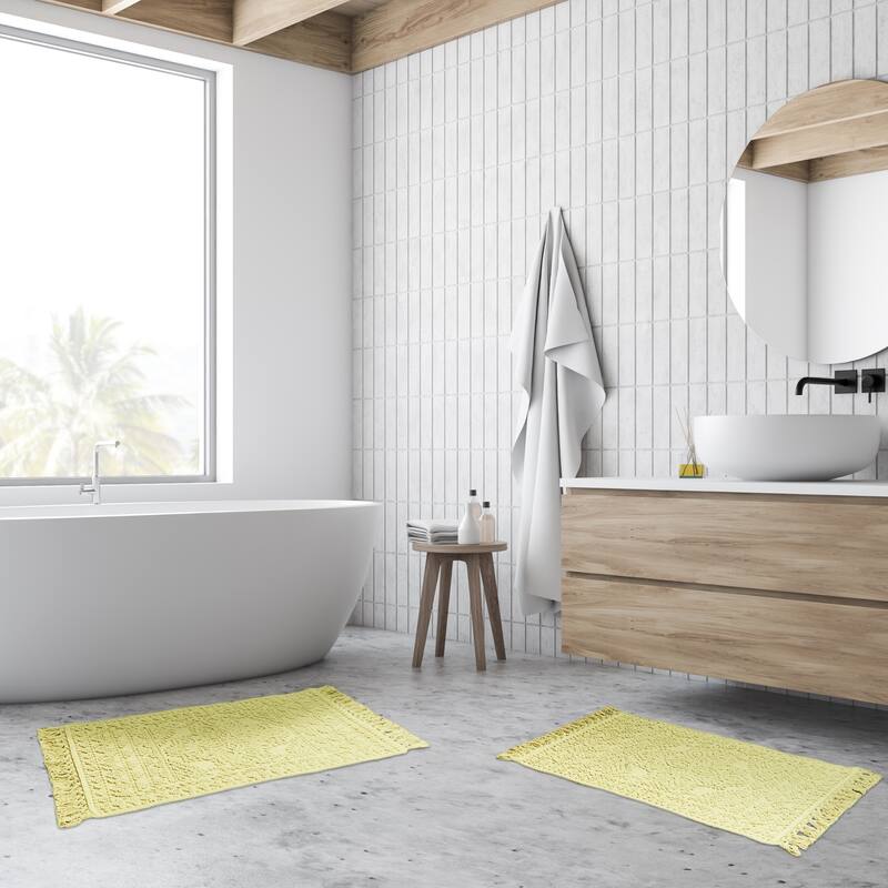 French Connection Nellore Fringe Cotton Bath Rug - 17x28/20x38 - Pale Yellow