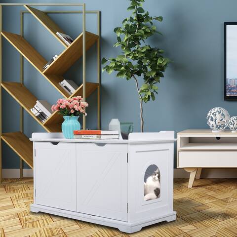 37.3'' White Wood Bench Litter Box Cover - Spacious Interior, Ventilated Holes, Removable Partition