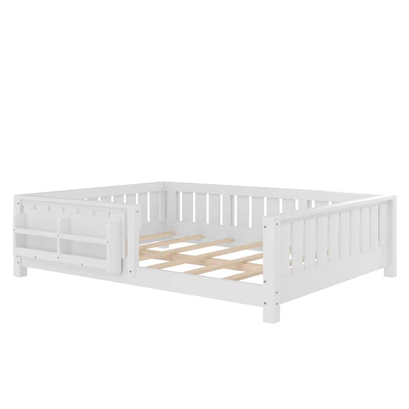 Low Profile Montessori Bed Floor Platform Bed with Fence and Bookshelf