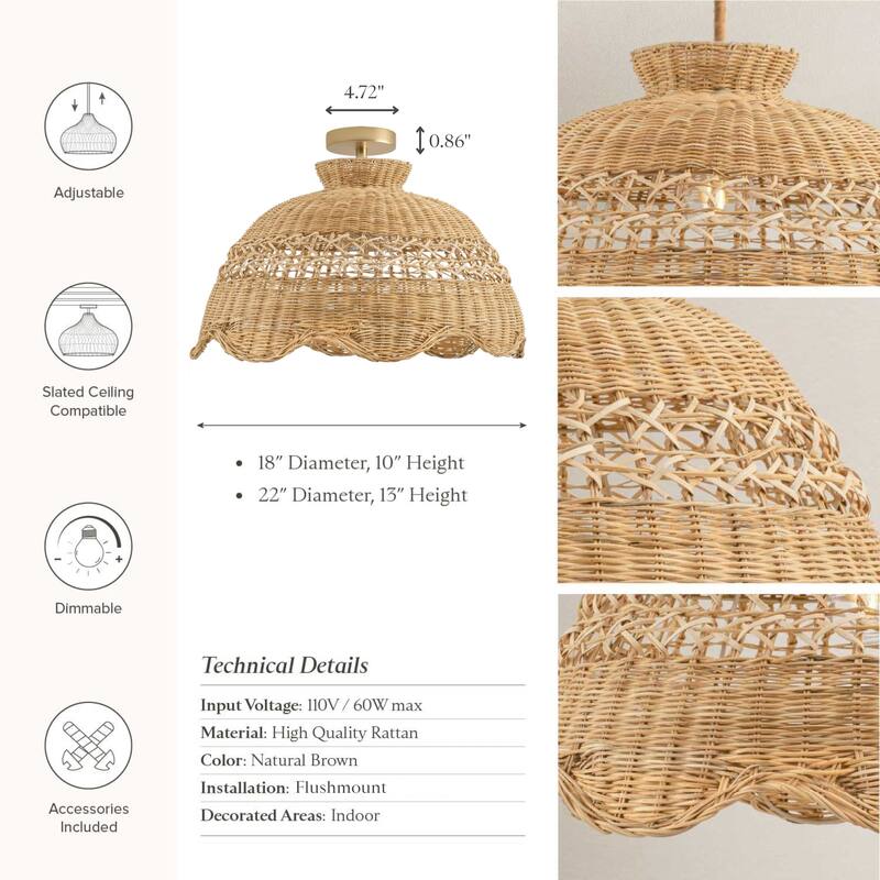 Le Perle Rattan Flush Mount Rattan Natural Handwoven Ceiling Light for Bedroom or Hallway in Farmhouse, Boho, Country Style