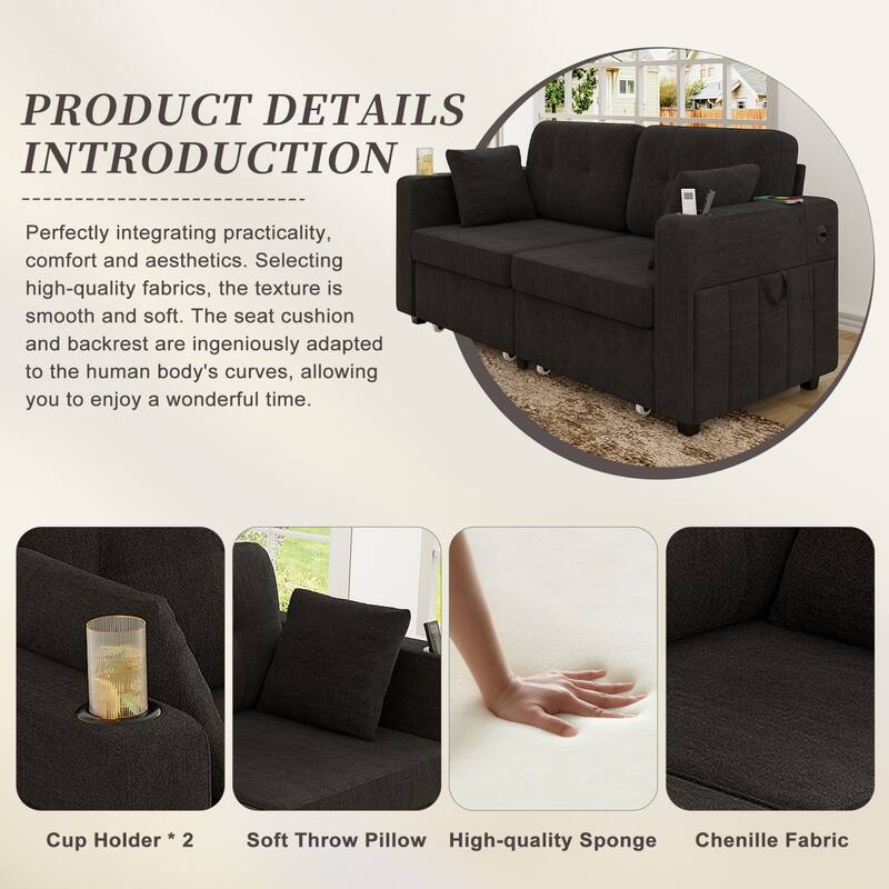 67.76" Chenille 3-Seater Sofa with USB Ports and Storage
