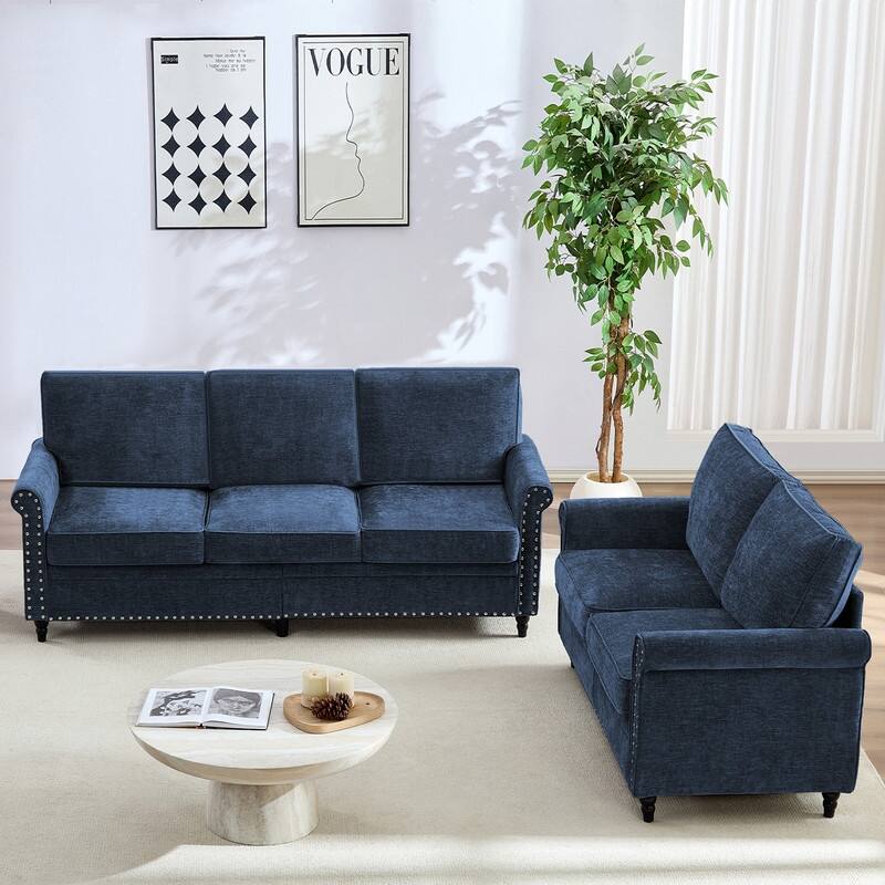 Mixoy 2 Piece Living Room Sofa Set with Riveted Design,Chenille Nailhead W76''3-Seater Sofa Couch with W53''Loveseat Sofa