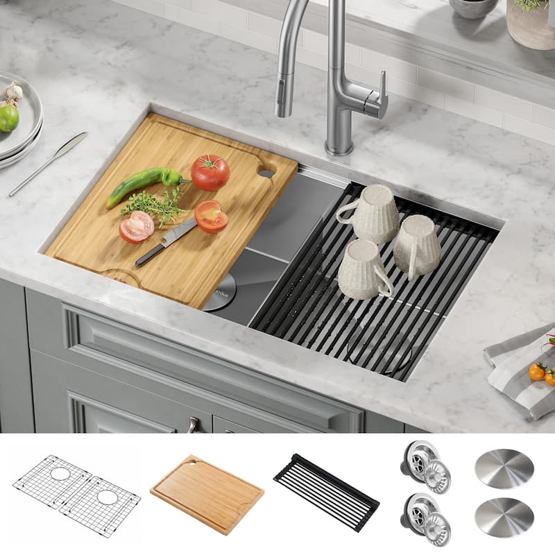 KRAUS Kore Workstation Undermount Stainless Steel Kitchen Sink - Double Basin 30" L x 19" W (sink KWU112-30) - Stainless Steel