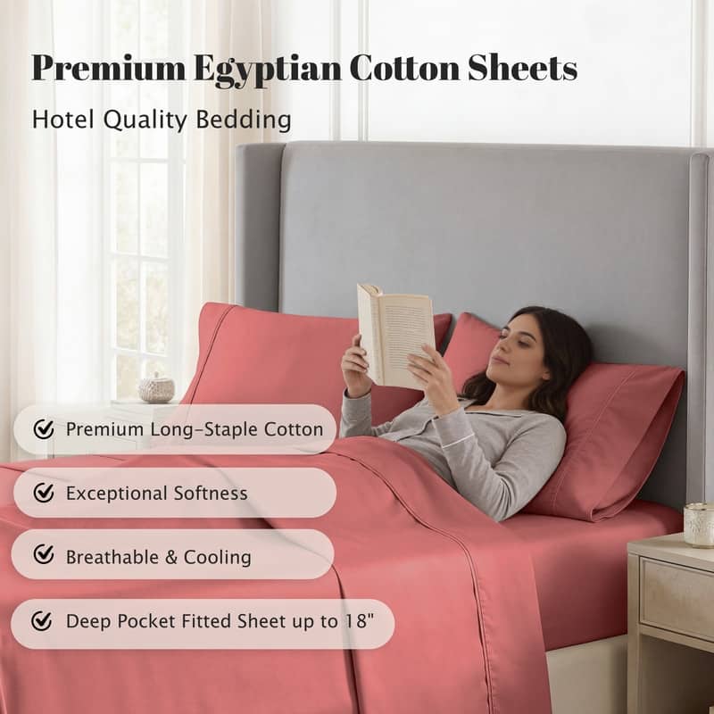 Superior Egyptian Cotton 530 TC Sheet Set Sateen Weave, Deep Pocket, Ultra‑Soft & Breathable Bedding