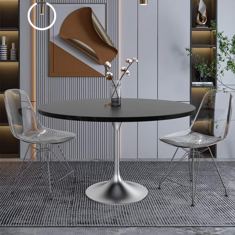LeisureMod Verve 48" Round Dining Table with MDF Wood TableTop and Brushed Chrome Base for Kitchen & Dining Room