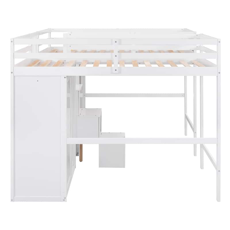 Double Twin Wood Loft Beds with Wardrobes and Staircase, White Bed