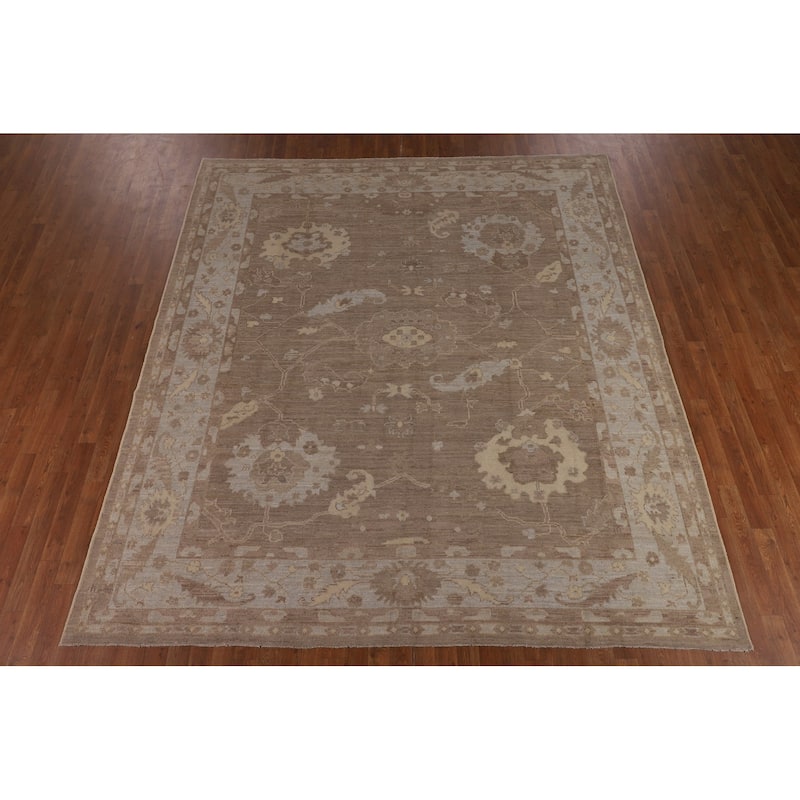Brown Floral Oushak Vegetable Dye Area Rug Hand-Knotted Wool Carpet - 8'7"x 9'10"