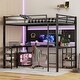 preview thumbnail 13 of 29, Metal Loft Bed with Desk, Shelves & Guardrails Full XL - Black+Brown