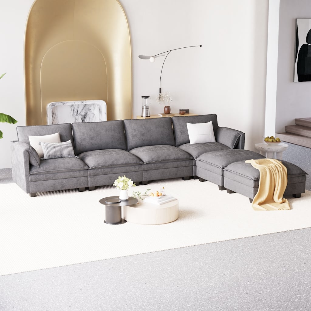 GDFStudio - Noah 141.5" U-Shaped 6-Seater Sofa Couch with Movable Ottoman and Armrest Pockets, Fabric Upholstery - U-Shape