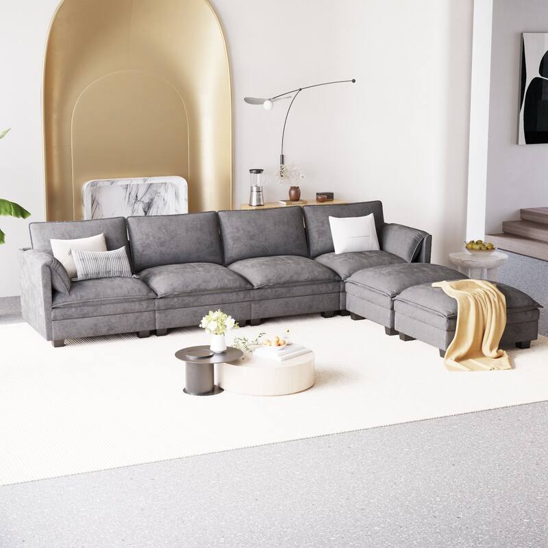 GDFStudio - Noah 141.5" U-Shaped 6-Seater Sofa Couch with Movable Ottoman and Armrest Pockets, Fabric Upholstery - U-Shape - Gray