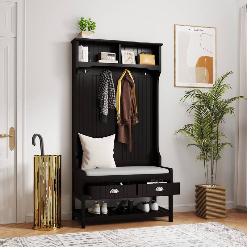 3-in-1 Hallway Hall Tree with 2 Storage Drawers, 4 Coat Hooks, Padded Bench Cushion, Entryway Shoe Rack with Top Shelves
