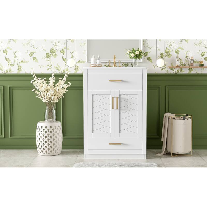 Roomfitters 24 Inch Bathroom Vanity with Integrated Ceramic Sink, Storage Cabinet & Tilt-Down Compartment