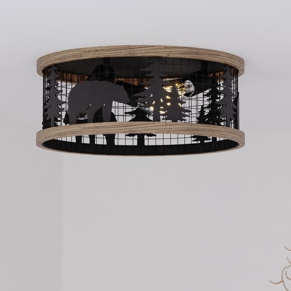 slide 2 of 13, Kodiak 12-in W Black Rustic Round Cage Flush Mount Ceiling Light Fixture Tree Motif 12-in. W x 6-in. H x 12-in. D - Black and Burnished Teak