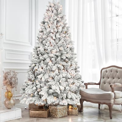 7FT Flocked Christmas Tree with 500 UL Lights and 45 Natural Pine Cones - Snowy PVC Tips,1124 Tips,Hinged Structure,Metal Stand
