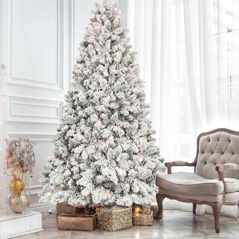 Pre-Lit Flocked Christmas Tree - UL Lights, Pine Cones, Snowy PVC Tips, Hinged Structure, Metal Stand - Green,White