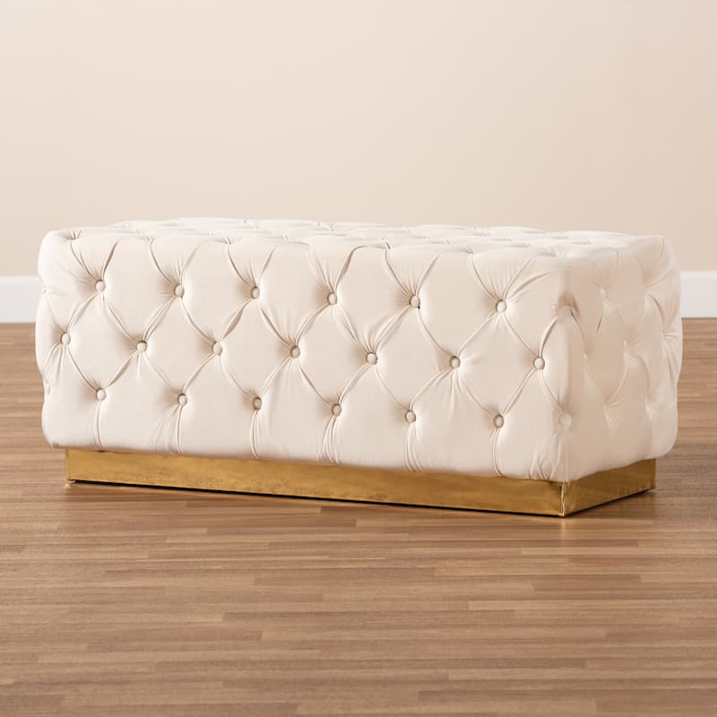 Corrine Glam and Luxe Velvet Fabric and Gold PU Leather Ottoman