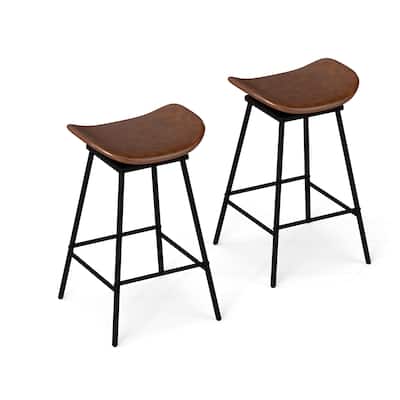 Backless Swivel Bar Stools with Saddle Faux Leather Seat 28 Inch Metal Frame Counter Height Chairs - 17" x 18" x 28" (L x W x H)
