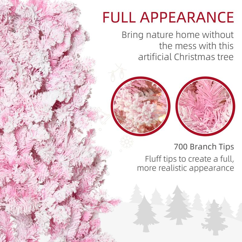 HOMCOM Pre-Lit Snow Flocked Pencil Tree - Realistic Pine Branches, Warm White LED Lights, Auto Open, Pink & White