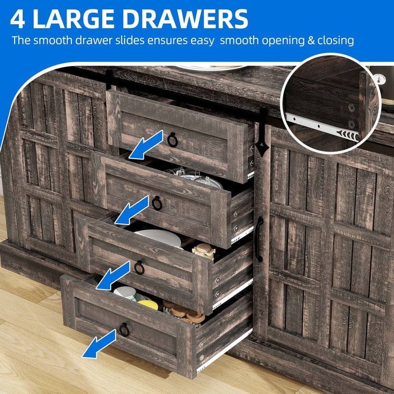 Farmhouse Sideboard Buffet Cabinet with Storage-Sliding Barn Doors and 4 Drawers