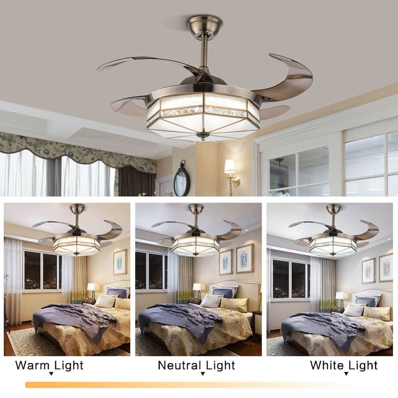 42'' 4 Retractable Blades Tiffany Style LED Ceiling Fan with Remote - 42 inches
