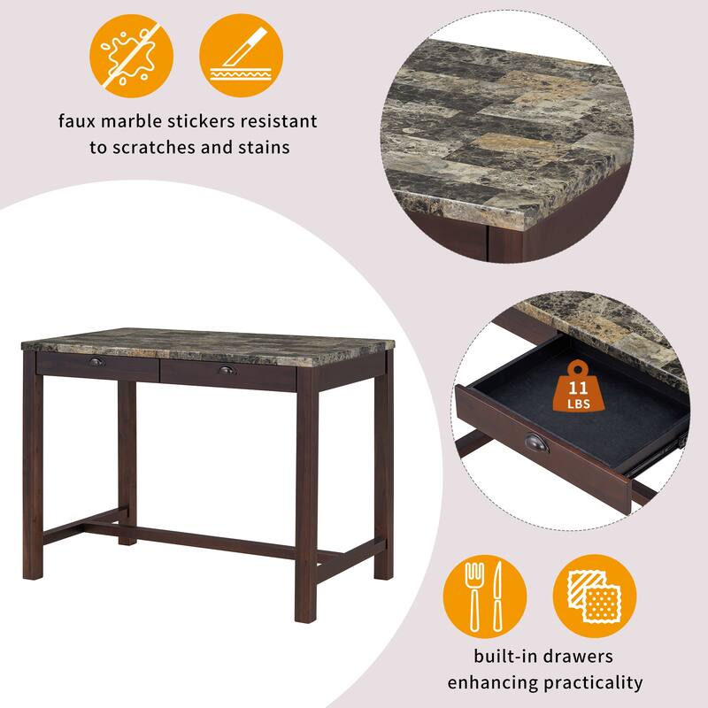 Modern Faux Marble Bar Table Set with Storage & Stools
