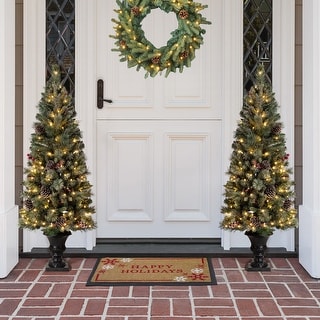 Glitzhome 4ft/5ft Flocked Pine Christmas Potted Porch Tree With Warm White Lights