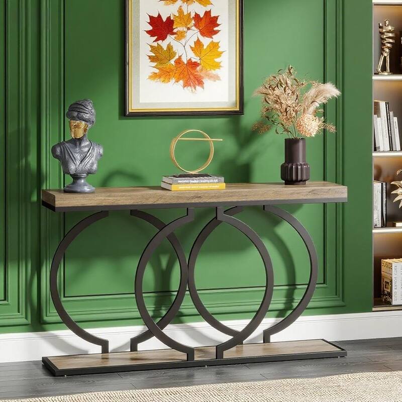 55.1" Industrial Rustic Console Table MDF Top with Black Geometric Metal Frame - 55.11" x 11.81" x 27.55" - Brown