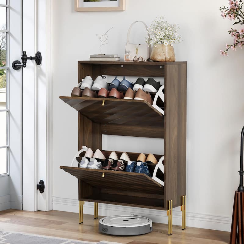 Mid-Century Modern 23.6 Inch Walnut Shoe Cabinet – Freestanding Organizer With Metal Legs, Ideal For Entry, Hallway & Entryway - Walnut