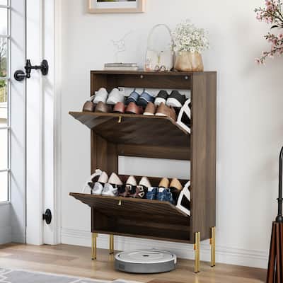 Mid-Century Modern 23.6 Inch Walnut Shoe Cabinet – Freestanding Organizer With Metal Legs, Ideal For Entry, Hallway & Entryway