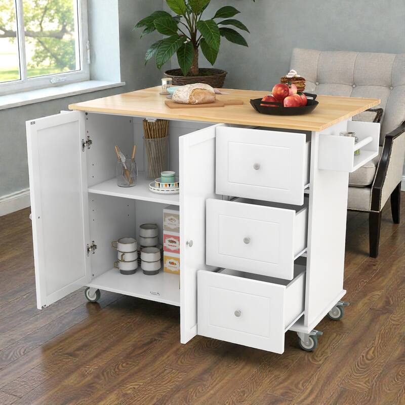 52.7" Rolling Kitchen Island with Solid Wood Top, Drop Leaf Breakfast Bar, Storage Cabinet, Wheels