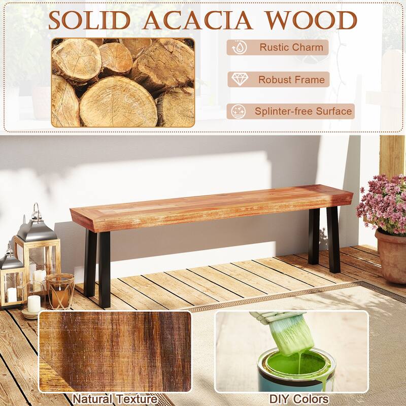 Gymax Outdoor Acacia Wood Benches Set of 2 w/ Slatted Top & Flared