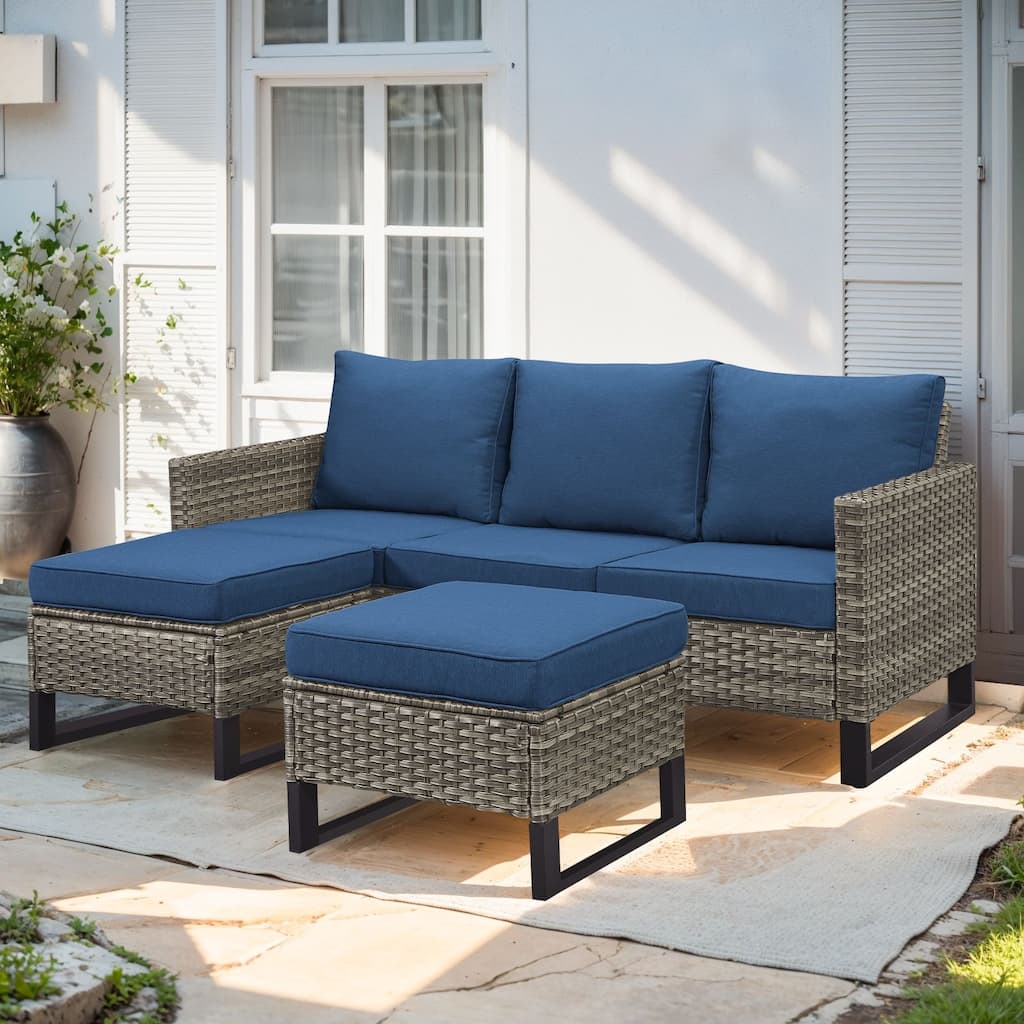 3 Pieces Outdoor Wicker Sofa with Ottomans Grey - Blue