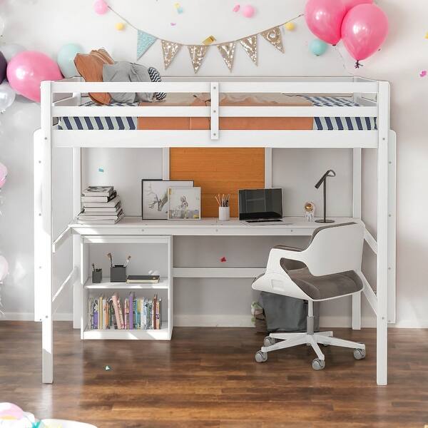slide 2 of 14, Full size Loft Bed With Desk and Writing Board,2 Drawers Cabinet,Solid Construction White