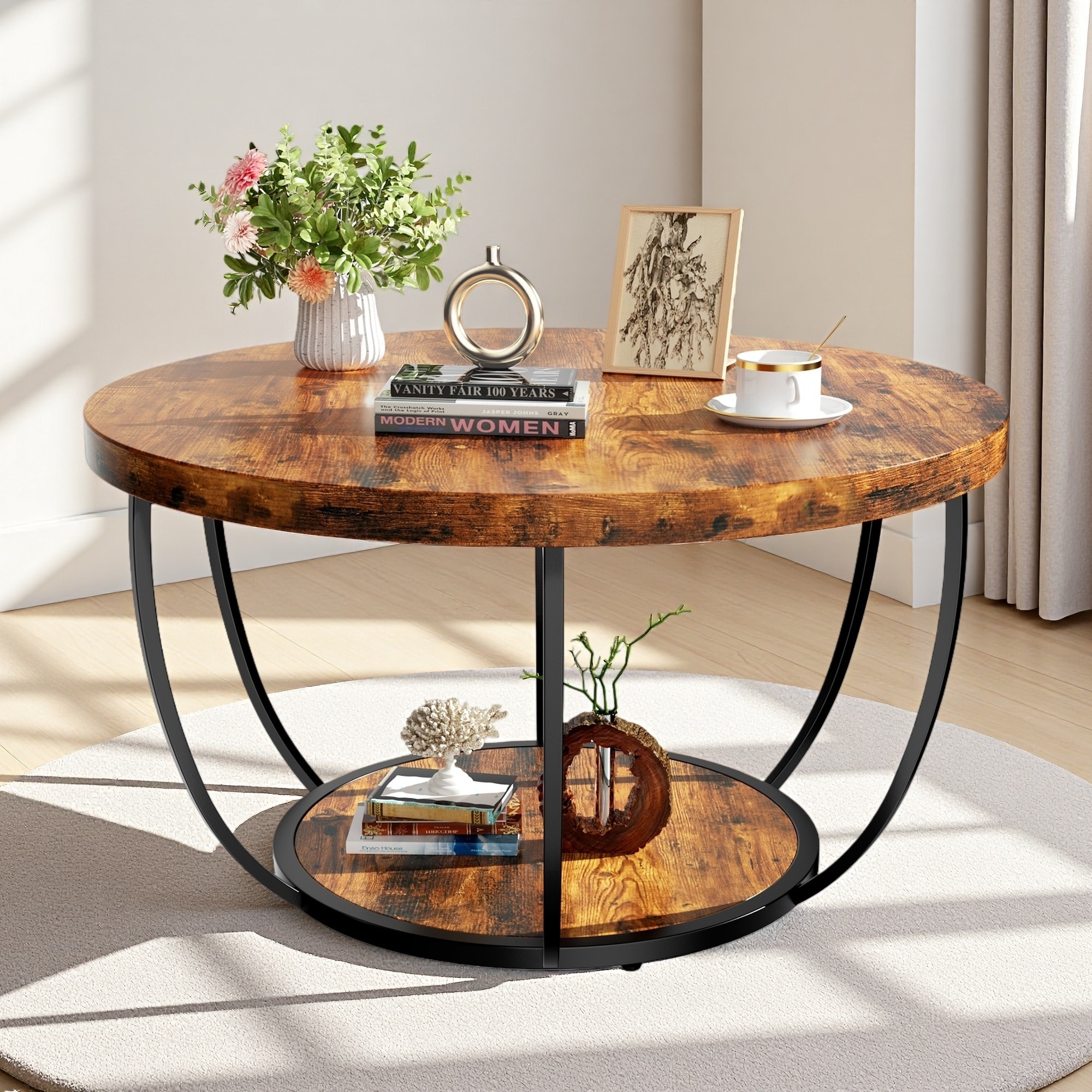 31.5" Wood Round Coffee Table with 2-Tier Storage, Modern Design, and Sturdy Metal Legs for Living Room & Kitchen