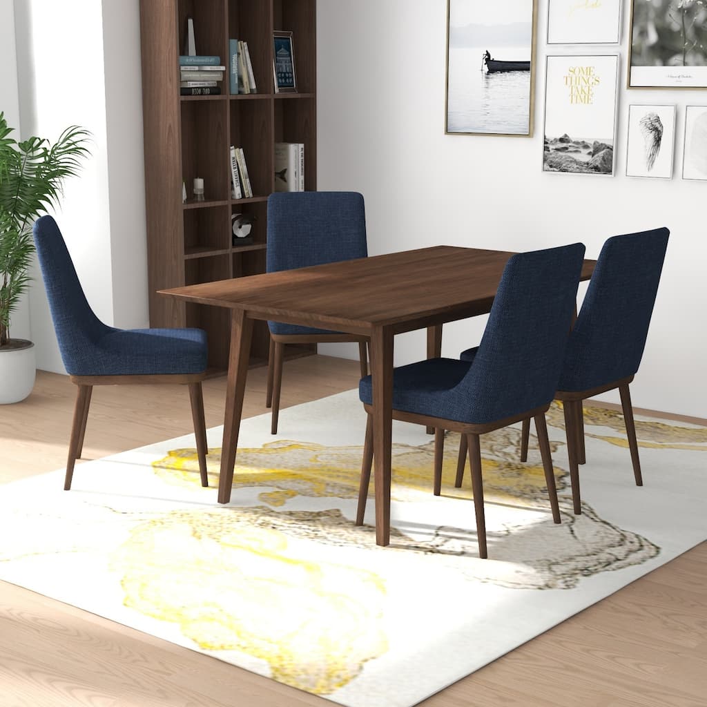 Andrea 5-Piece Mid-Century Dining Set with 4 Velvet Dining Chairs in Blue