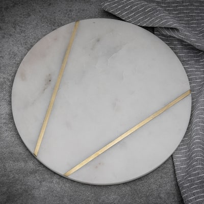 Med. Marble Plate W/BRASS Inlay - White Marble - WHITE