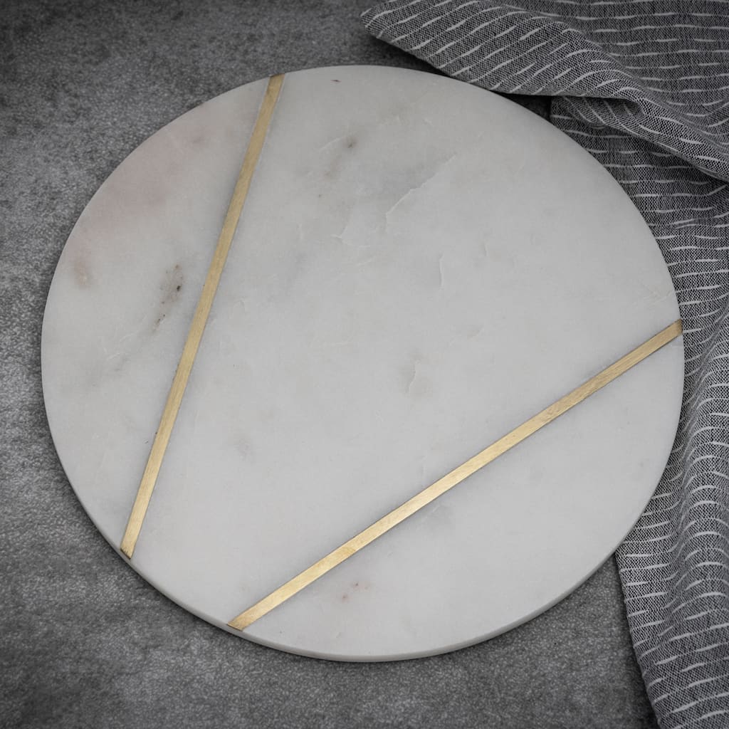 Med. Marble Plate W/BRASS Inlay - White Marble - WHITE
