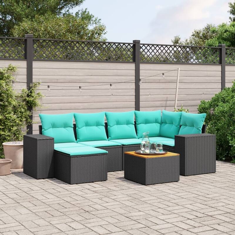 vidaXL 7 Piece Patio Sofa Set with Cushions Black Poly Rattan - 24.4 x 24.4 x 27.2