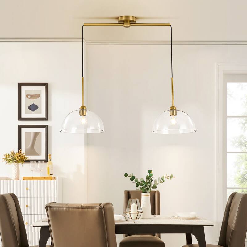 2-Light Modern Gold Linear Dome Clear Glass Globe Bubble Kitchen Island Lights