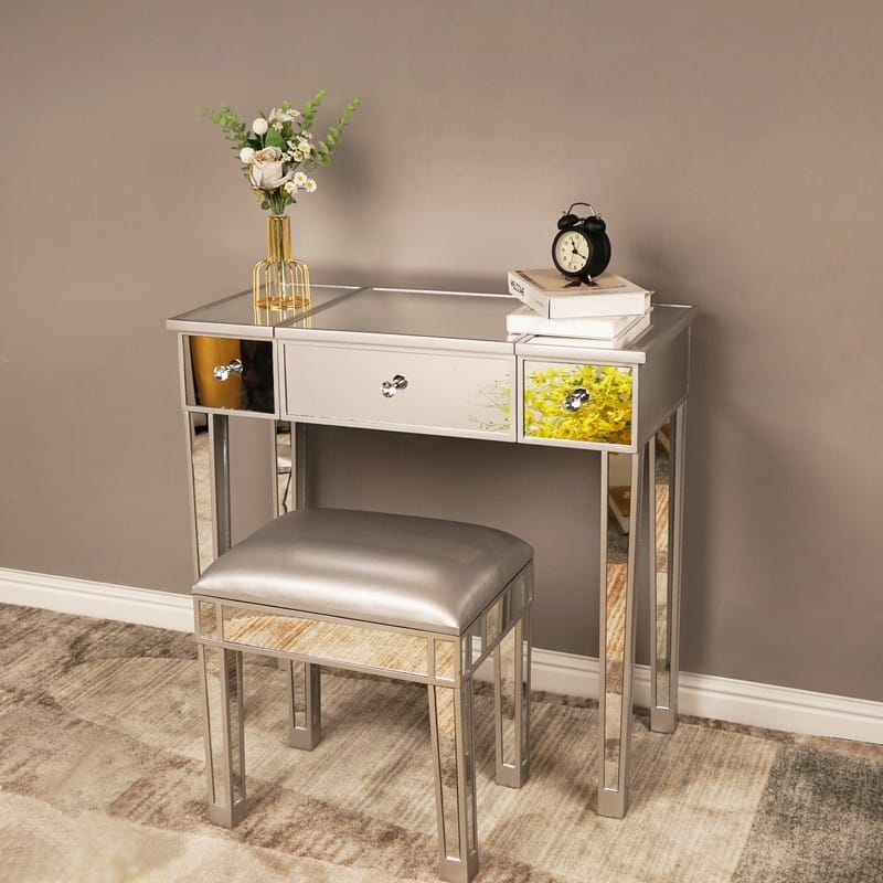 Mirrored Surface 1 Drawer Flip-up Desktop Writing Desk Vanity Desk Silver