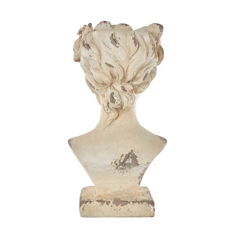Cream Magnesium Oxide Distressed Antique Greek Bust Woman Indoor Outdoor Planter with Floral Accents