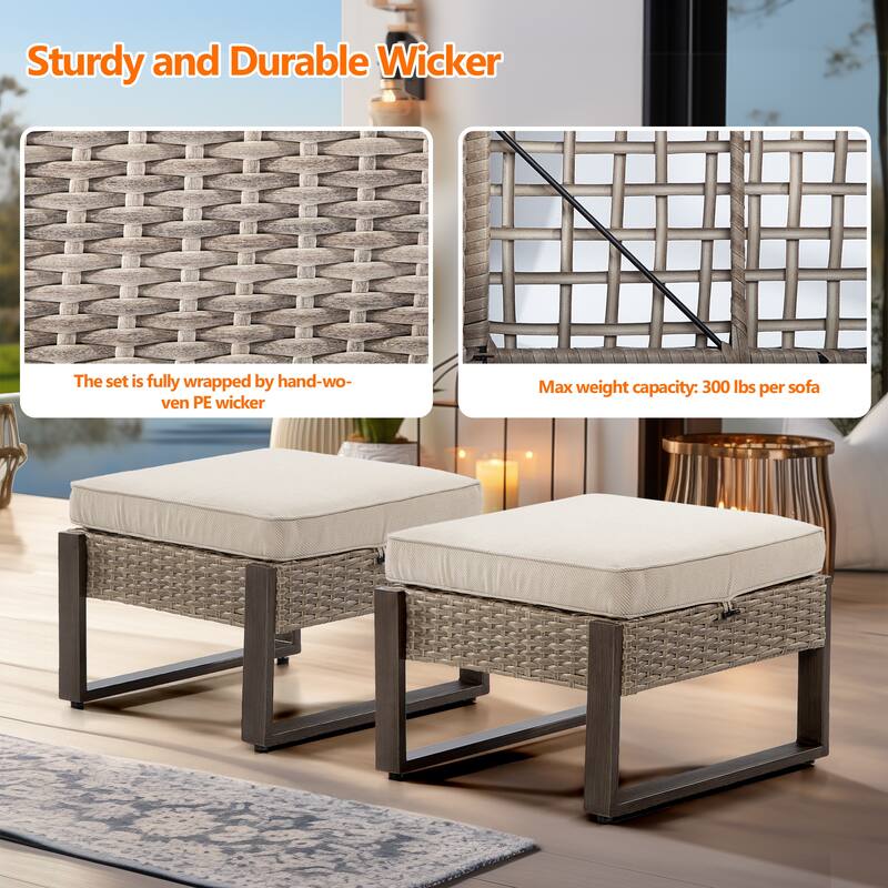 Cozywor 2-Piece Wicker Outdoor Patio Ottoman with Steel Frame and Cushions